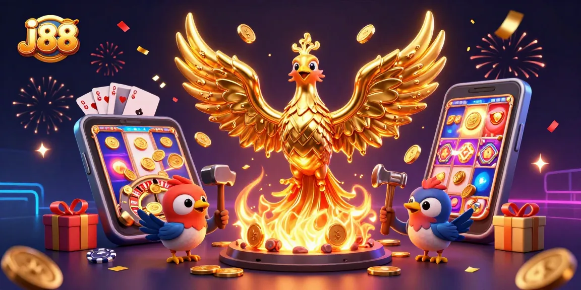 Experience thrilling j88 gameplay with molten golden phoenix and casino elements in vibrant 3D illustration.
