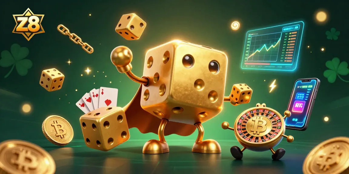 Experience z8's dynamic gaming with massive golden dice and crypto elements under a vibrant casino scene.