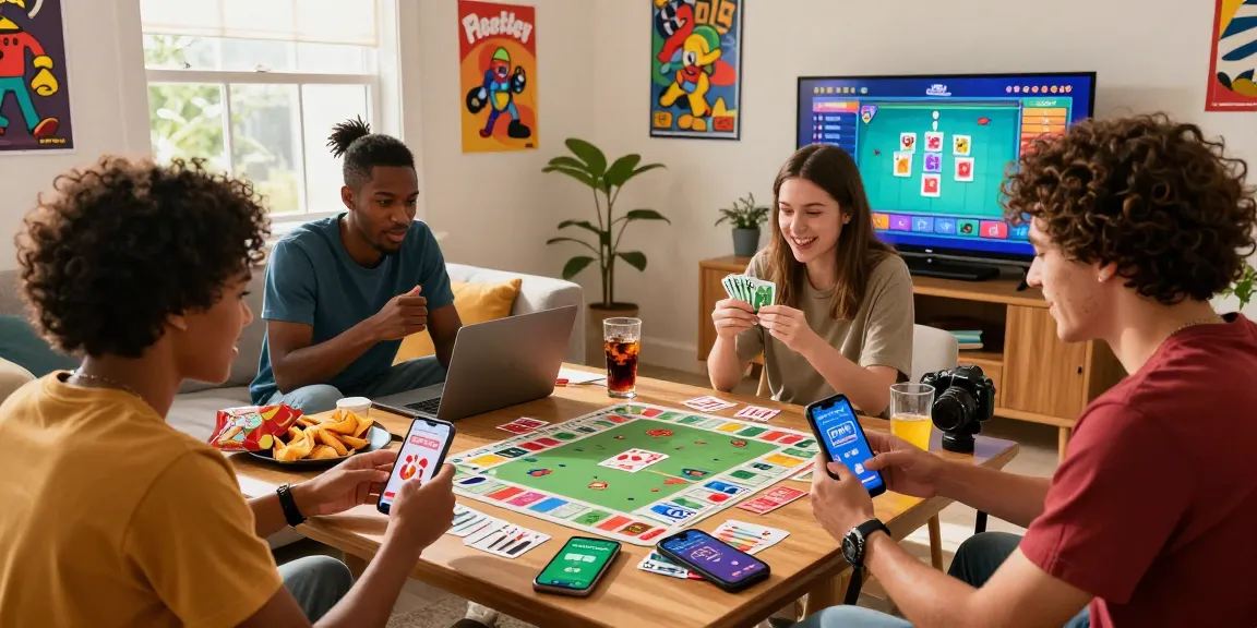 Friends enjoying a real money game on Card Rummy APK in a lively living room.