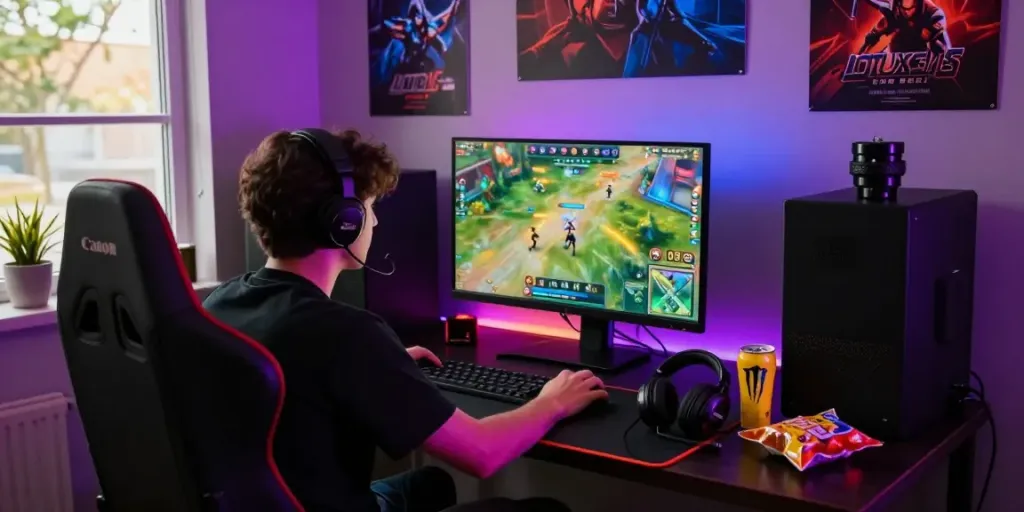 Engaged gamer enjoying an exciting match on lotus365 in a vibrant setup.
