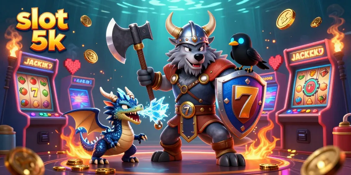 Engage in thrilling slot action with slot 5k, featuring a Viking warrior, fierce dragon, and vibrant game elements.