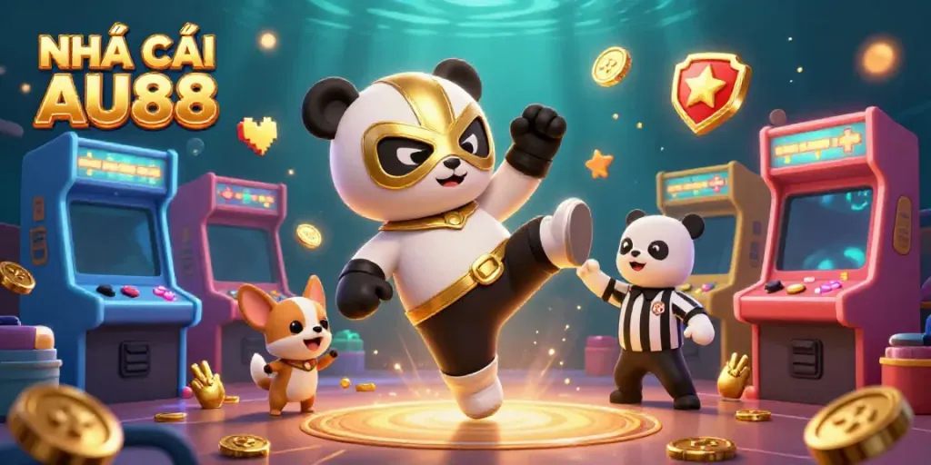 Experience thrilling gaming action with NHÀ CÁI AU88, featuring a panda wrestler and colorful arcade machines.