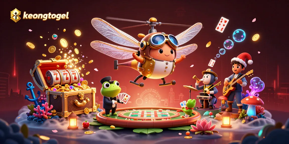 Engaging scene of keongtogel's thrilling slot games with a dragonfly pilot, frog croupier, and vibrant casino elements.