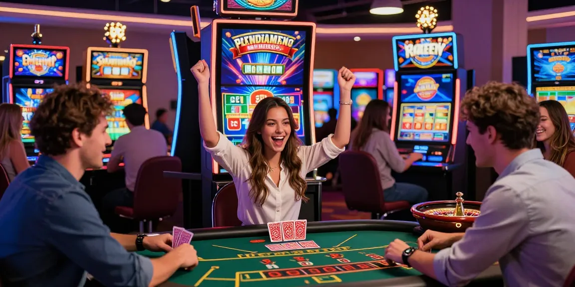 Exciting scene at a credit card casino with diverse players enjoying games and vibrant slot machines.