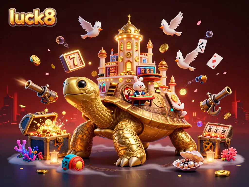 Experience luck8's exhilarating casino excitement with a golden tortoise and coin-rich treasures.