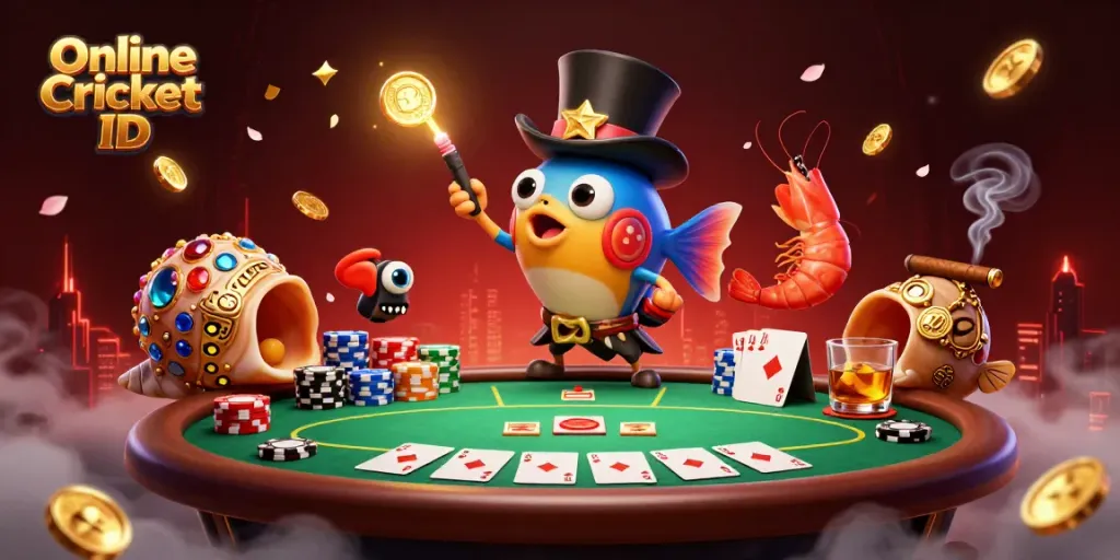 Engage in thrilling betting with your Online Cricket ID, enhanced by vibrant casino elements and captivating characters.