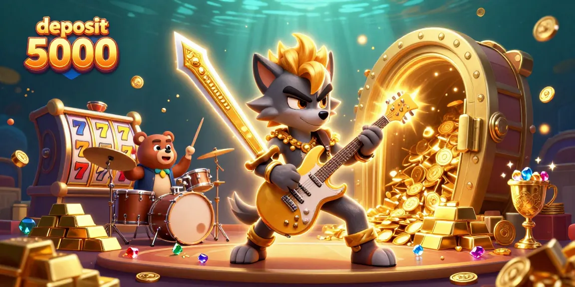 Experience thrilling gameplay with deposit 5000 at our vibrant online casino featuring cartoon characters, slot reels, and jackpots.