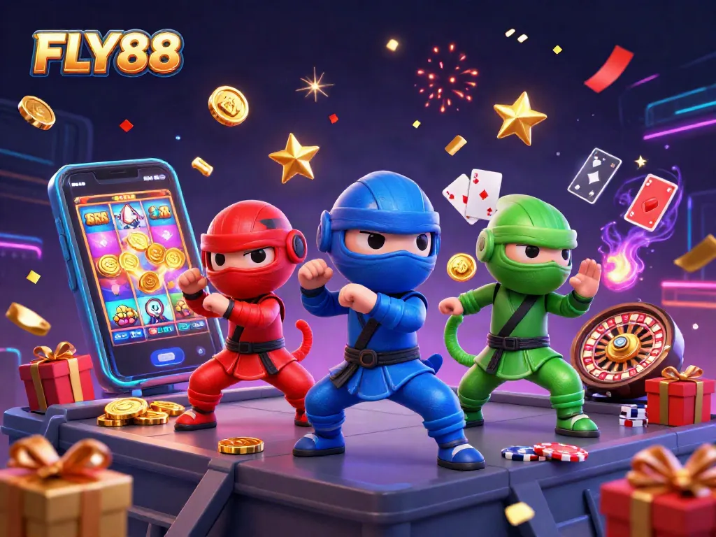FLY88 chameleon ninjas showcase dynamic martial arts while surrounded by exciting casino elements.