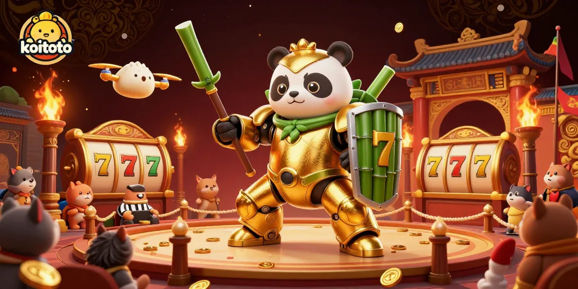Koitoto engages players with vibrant slot reels in a dynamic 3D casino scene.