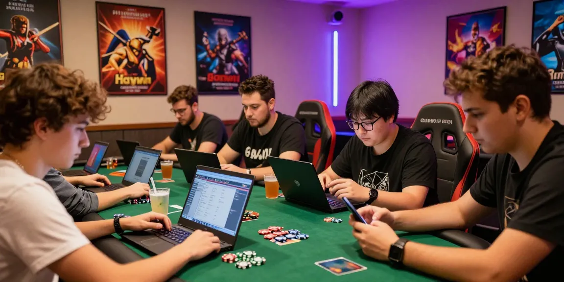 Dynamic group playing game bài đổi thưởng online with laptops and poker chips in a vibrant gaming lounge.