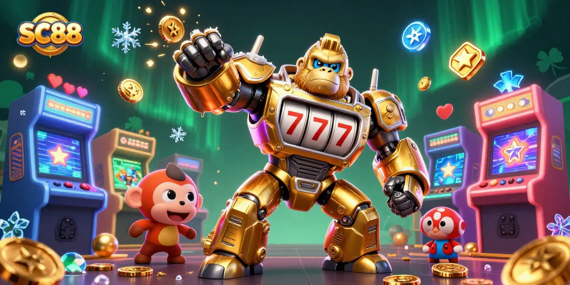 Experience thrilling SC88 action with a golden gorilla mech amidst vibrant casino games.