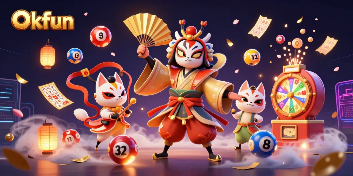 Experience Okfun's thrilling online gambling with a vibrant 3D illustration of casino games and lively characters.