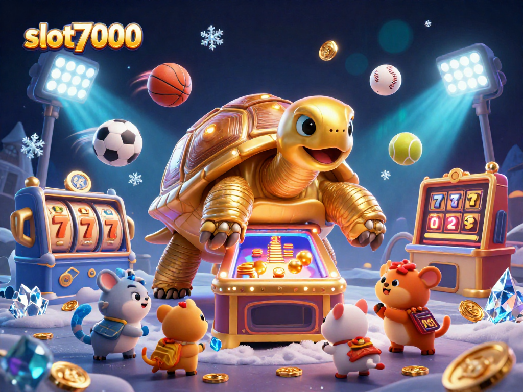 Experience excitement with slot7000 as golden tortoise pinball action unfolds amid vibrant casino graphics.