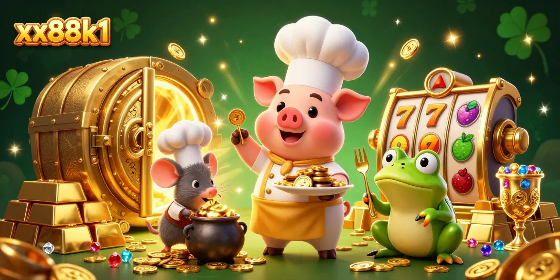 "Win big with xx88k1: A festive 3D casino-themed scene featuring a pig chef, mouse, and frog, surrounded by gold coins and slot game elements."