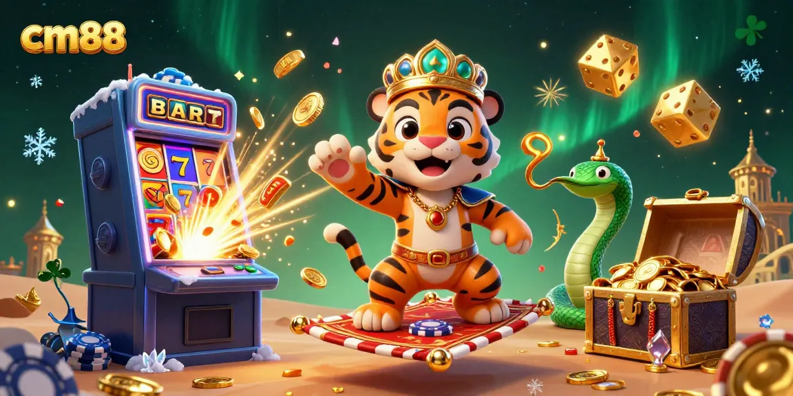 Experience thrilling cm88 gaming excitement with a tiger sultan and vibrant slot machine scene.