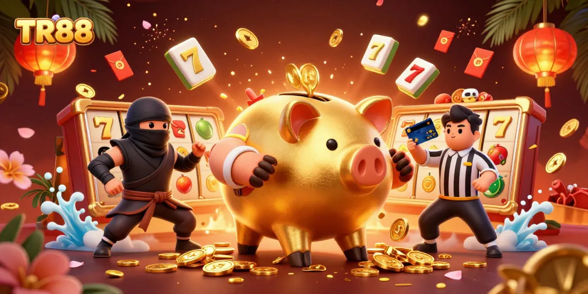 Experience thrilling gameplay at TR88 with a piggy bank sumo wrestler shaking loose coins and slot reels.