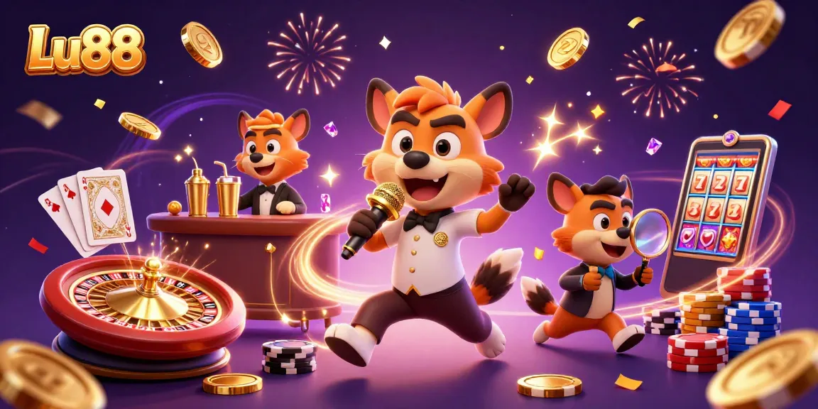 Lu88 hyenas entertain in a vibrant casino scene featuring comedy, drinks, and excitement.