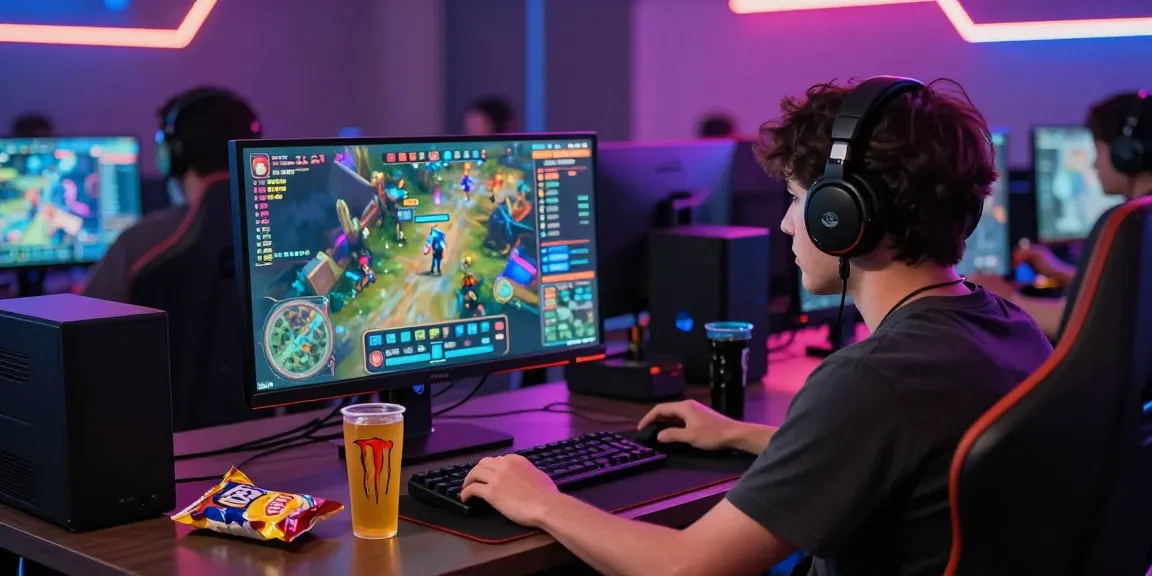 Gamer engaged in CIKA4D online gaming with vibrant visuals and snacks.