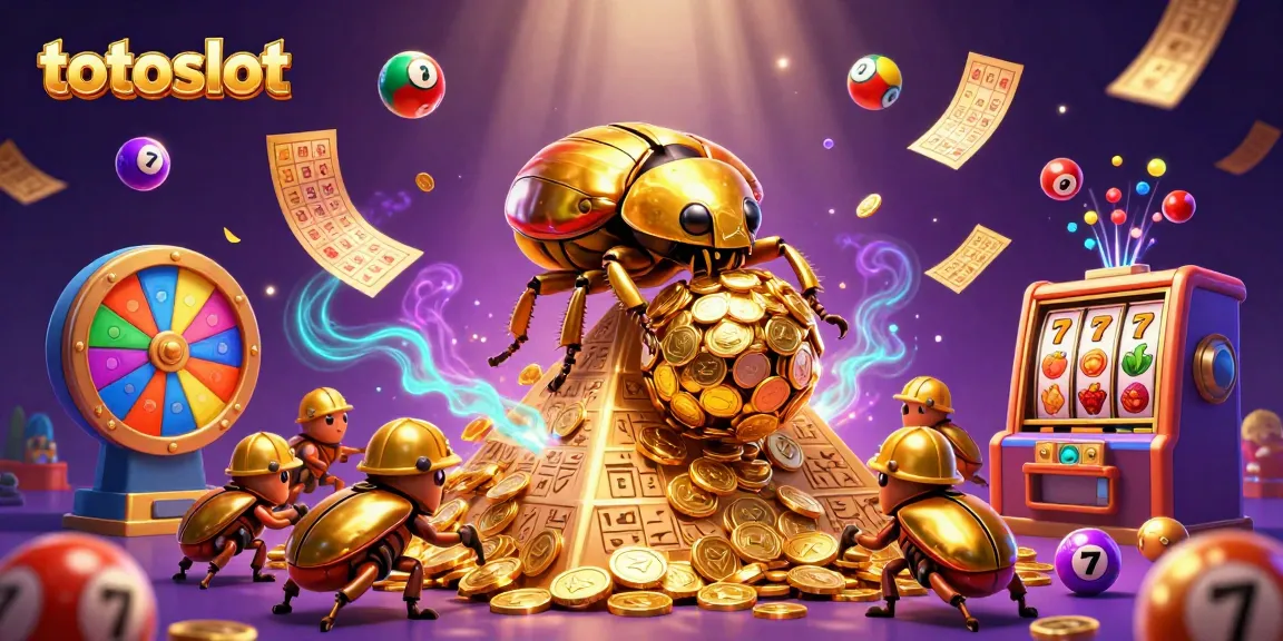 Engage with totoslot's vibrant games featuring golden beetles, spinning reels, and lottery elements.