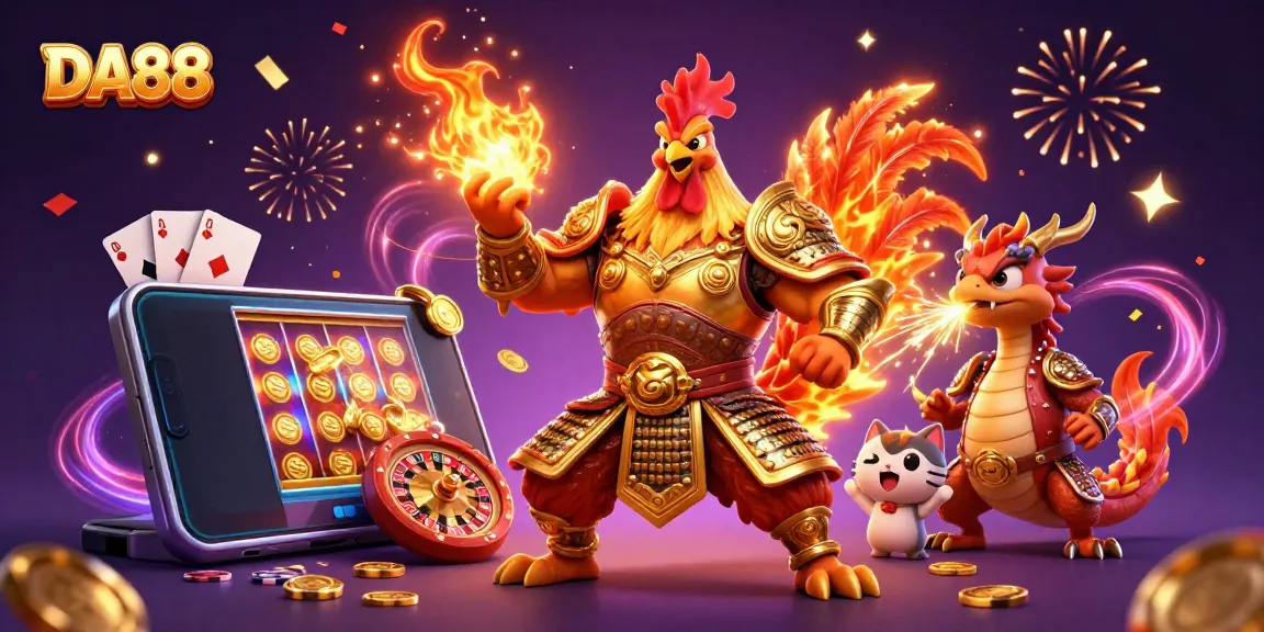 Engage with the DA88 animated scene showcasing a rooster warrior and a dragon hatchling amidst dynamic gaming elements.