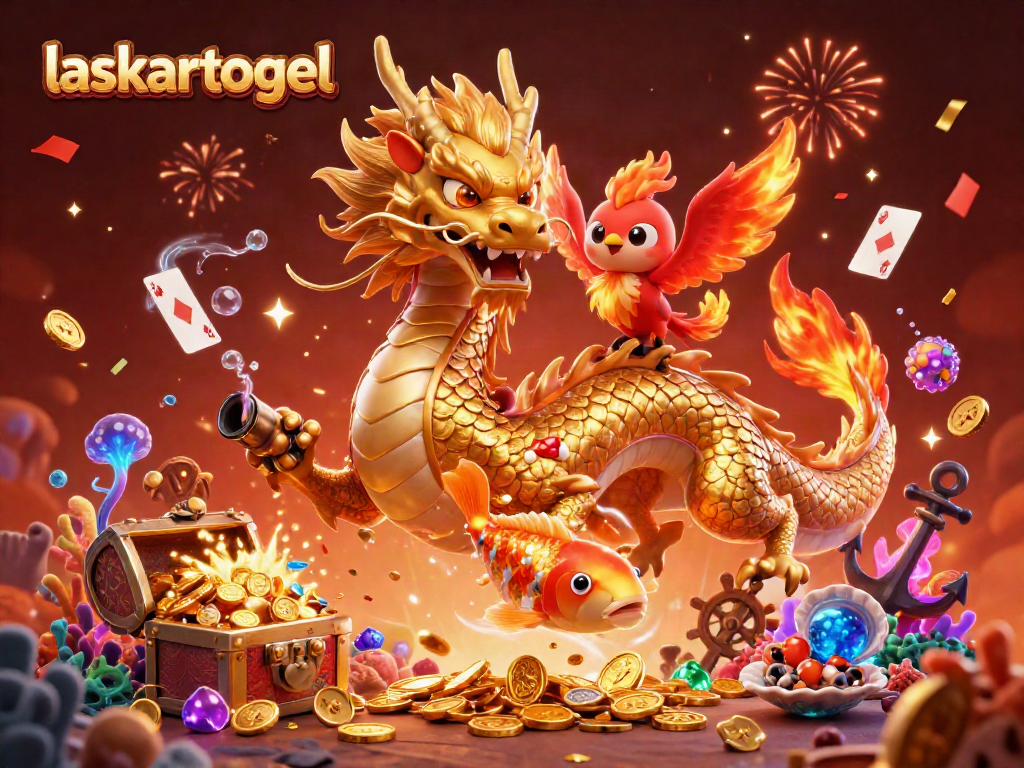 Experience the excitement at laskartogel with a vibrant casino-themed illustration featuring a dragon, phoenix, and koi.