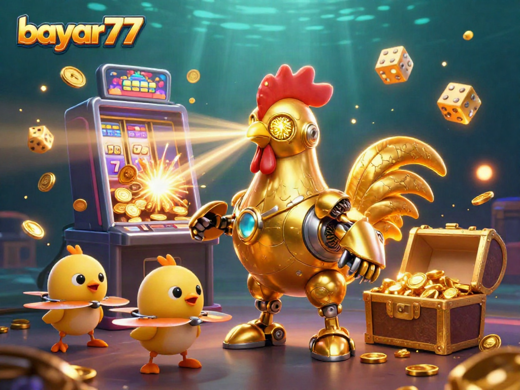 Experience excitement with bayar77 as the golden rooster robot and chick drones explode into a jackpot frenzy.