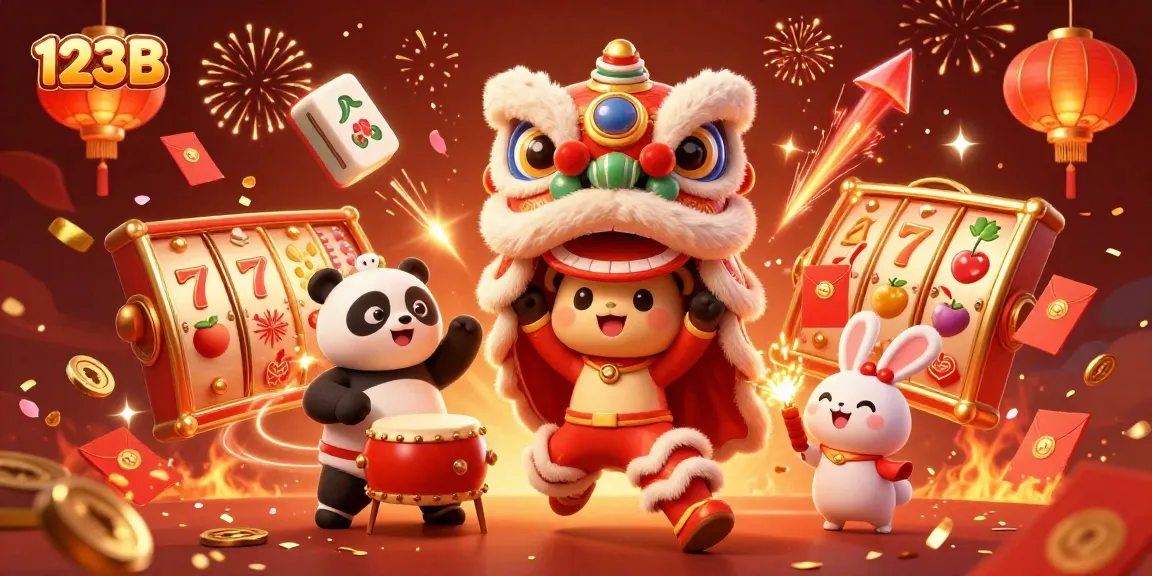 Engage with the vibrant world of 123B as you witness the lively slot reels and Chinese New Year celebrations.