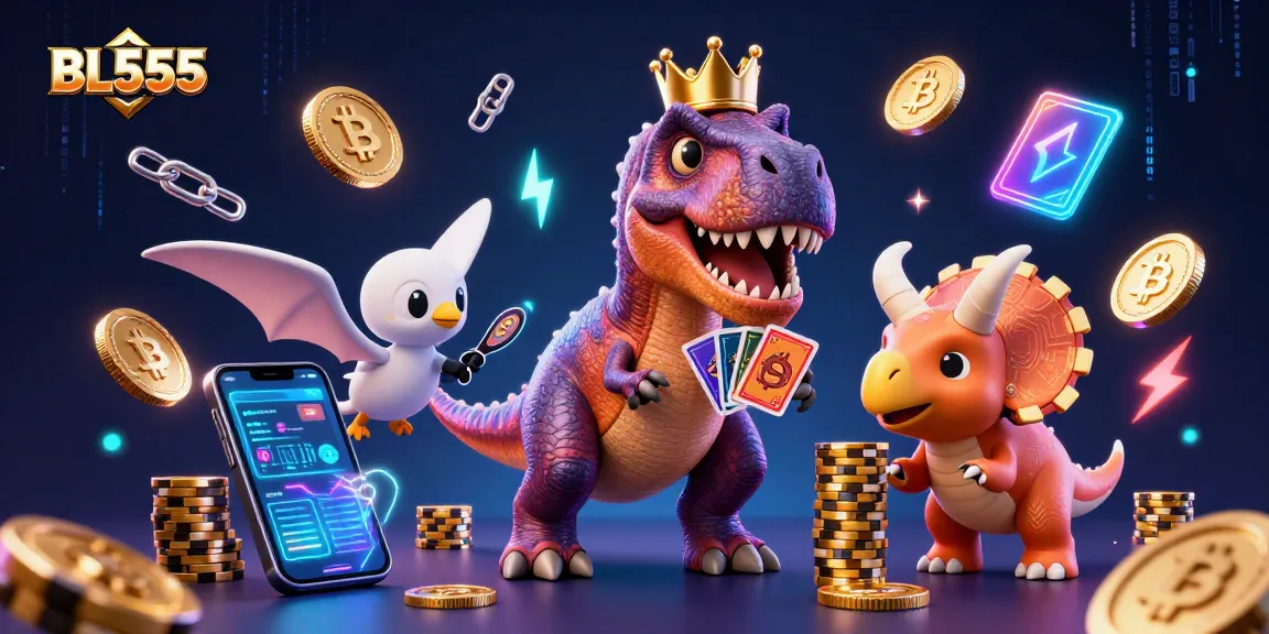Engage in thrilling gaming at BL555 with a vibrant scene featuring cartoon dinosaurs and crypto elements.