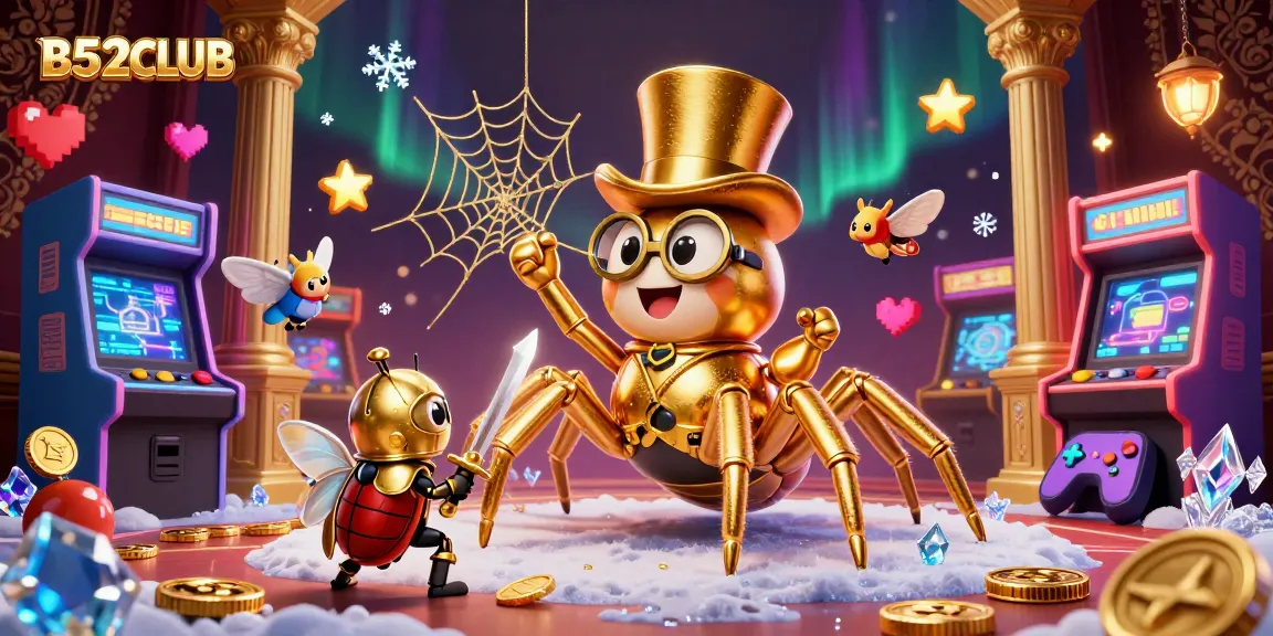 B52CLUB showcases an epic scene with a golden tarantula weaving web and beetle knight approaching in a vibrant casino