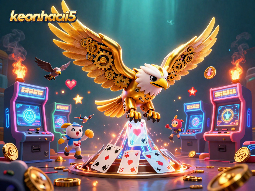 Engage in thrilling gameplay with keonhacai5 featuring a cybernetic eagle amidst casino action.