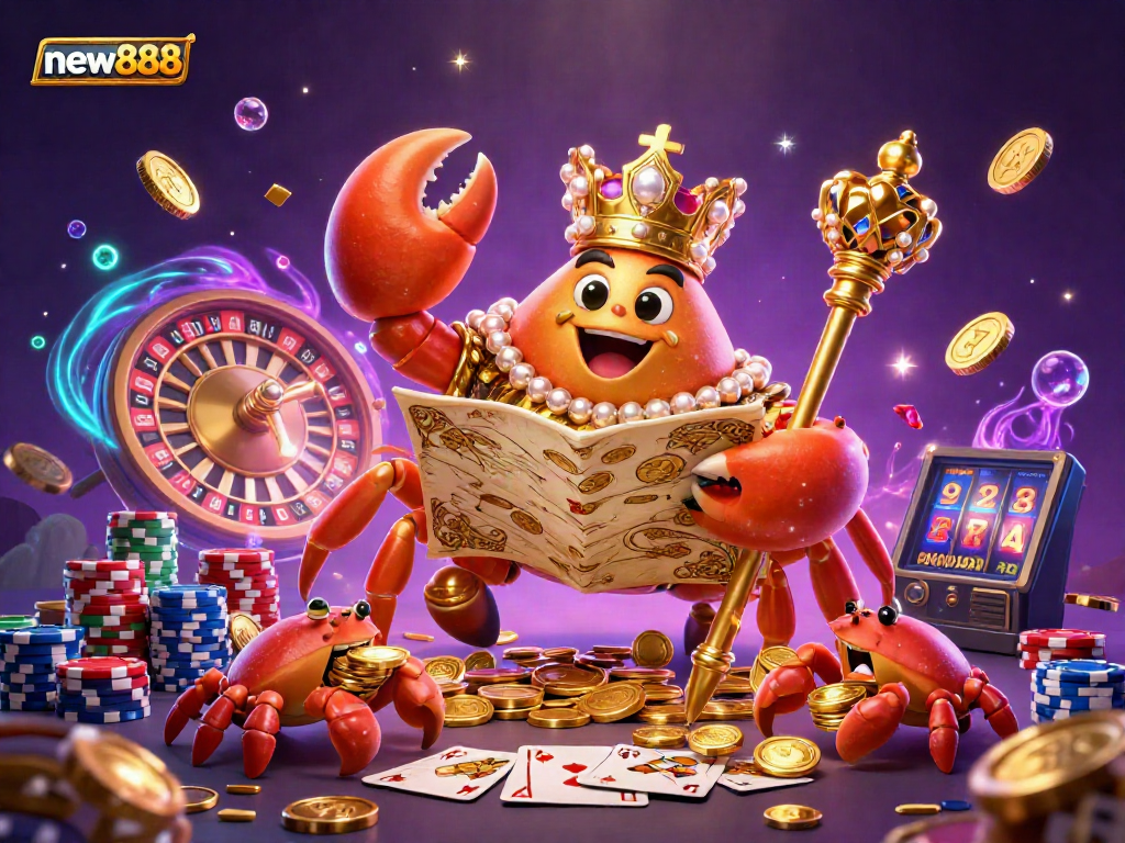 Experience thrilling gameplay at new888 with a golden crab emperor in a dynamic casino scene featuring treasure and excitement.