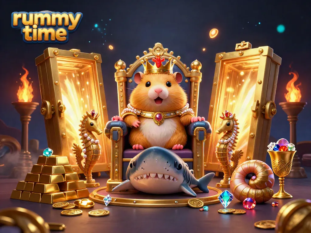 Immerse in the rummy time gaming experience with golden treasures and a royal hamster king.