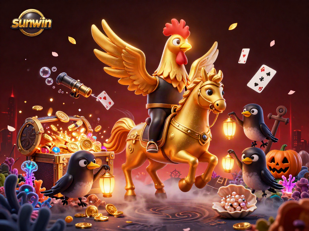 Play and win at sunwin with the golden rooster character in a vibrant casino setting.