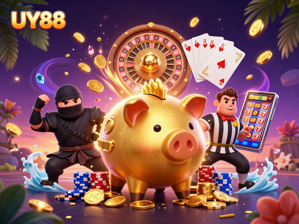 Experience UY88's thrilling gaming scene with a vibrant illustration of dynamic characters and casino elements.