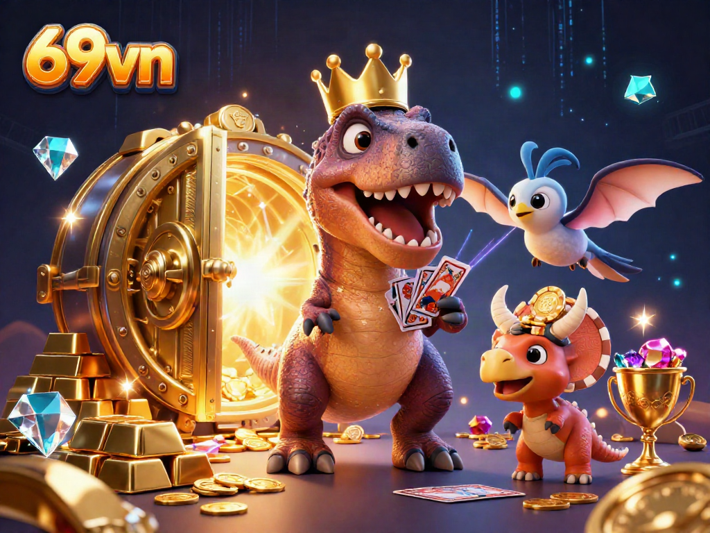 Engage with thrilling 69vn casino experiences, featuring a T-Rex, Pterodactyl, and Triceratops in a dynamic card game scene.