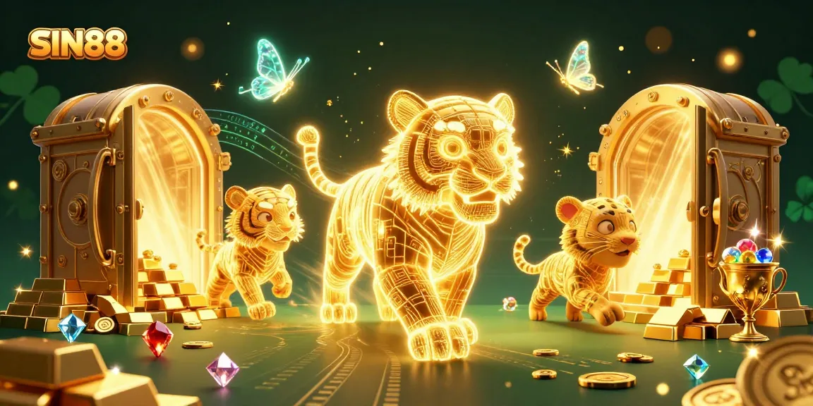 SIN88 showcases a vibrant scene with a neon tiger and wealth symbols in a dynamic casino landscape.