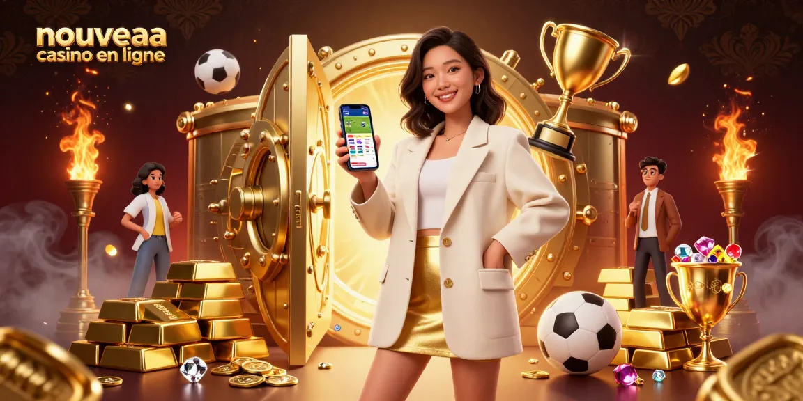 Illustration de nouveau casino en ligne présentant une belle femme asiatique avec une application de paris sportifs entourée de trésors scintillants et d'éléments de casino dynamiques.