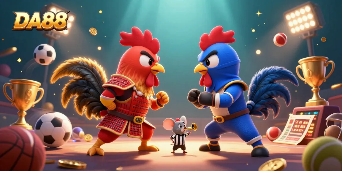 DA88 betting excitement captured in a fierce rooster standoff with sports elements.