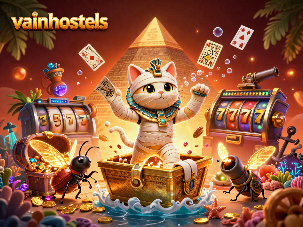 Experience the thrill of vainhostels with an energetic scene featuring a mummy cat and vibrant casino elements.