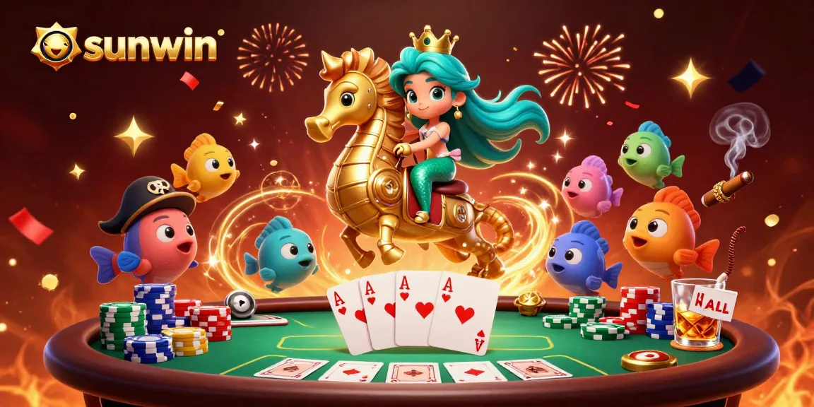 Join the adventure with sunwin at the poker table featuring vibrant characters and a festive atmosphere.