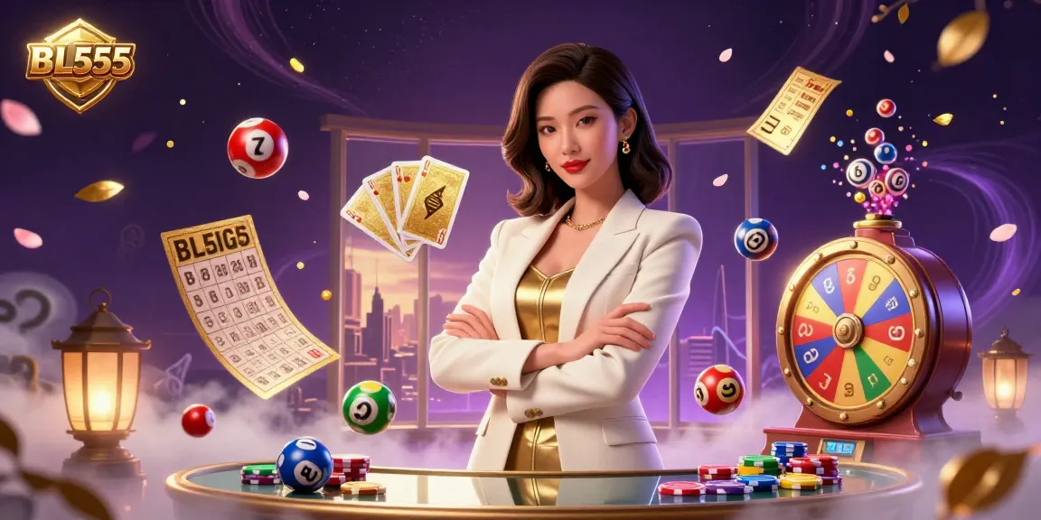 Experience excitement and thrill with BL555's vibrant gaming scene showcasing colorful elements and a powerful business-woman.