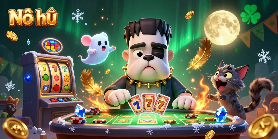 Nổ hũ players enjoy a thrilling slot game with vibrant characters and dynamic casino elements.