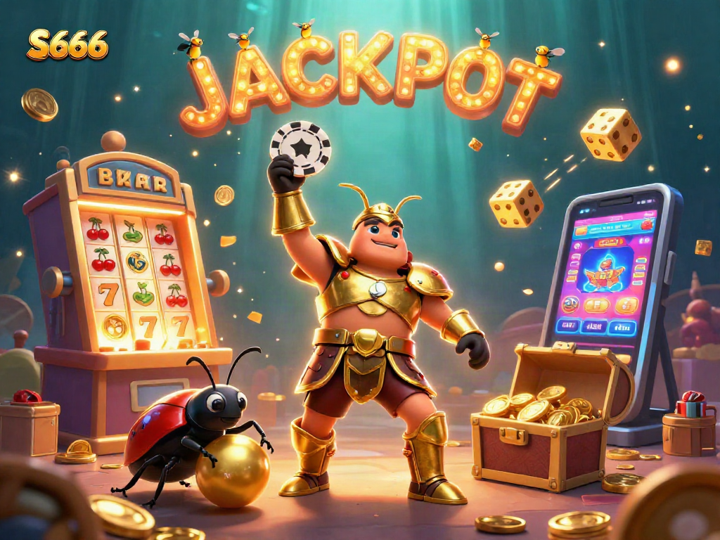 Experience thrilling S666 action with a victorious beetle champion and jackpot symbols exploding in 3D!