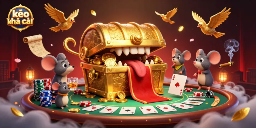 Engage with kèo nhà cái strategies in this vibrant casino illustration filled with poker elements and adventure.