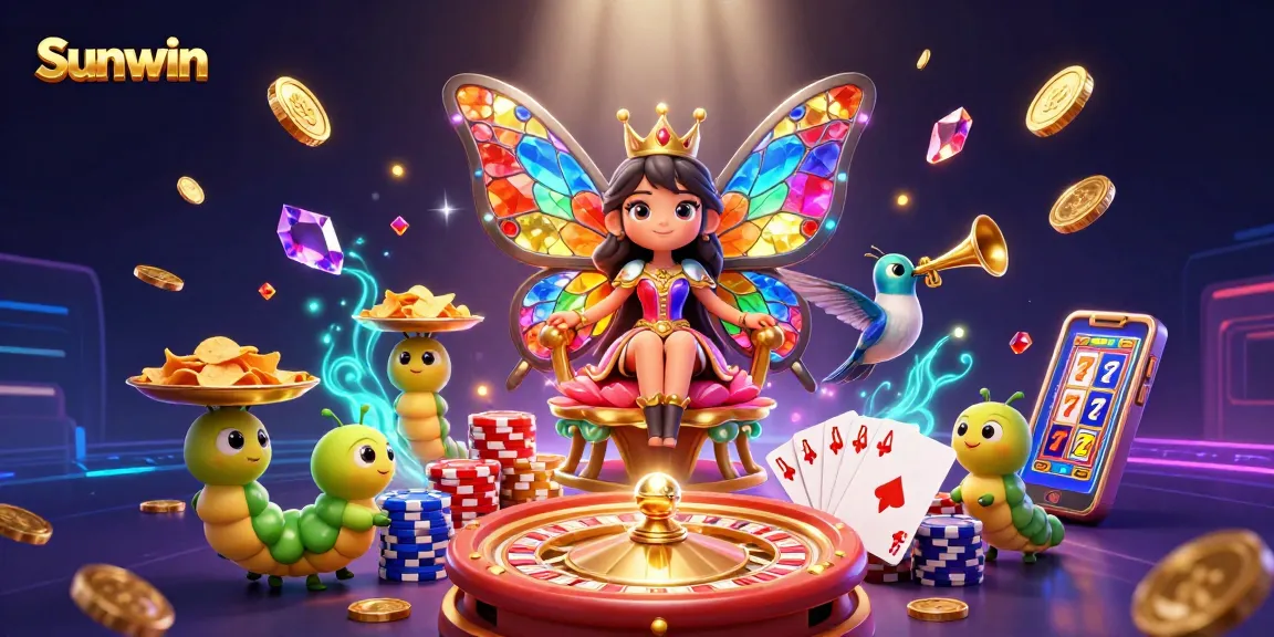 Sunwin interactive casino experience with vibrant characters and sparkling gaming elements.