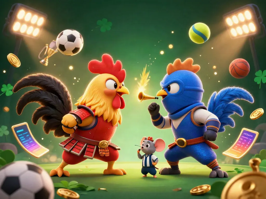 Engage in thrilling action at 8TOGEL with a dynamic showdown of cartoon roosters in a gambling scene.