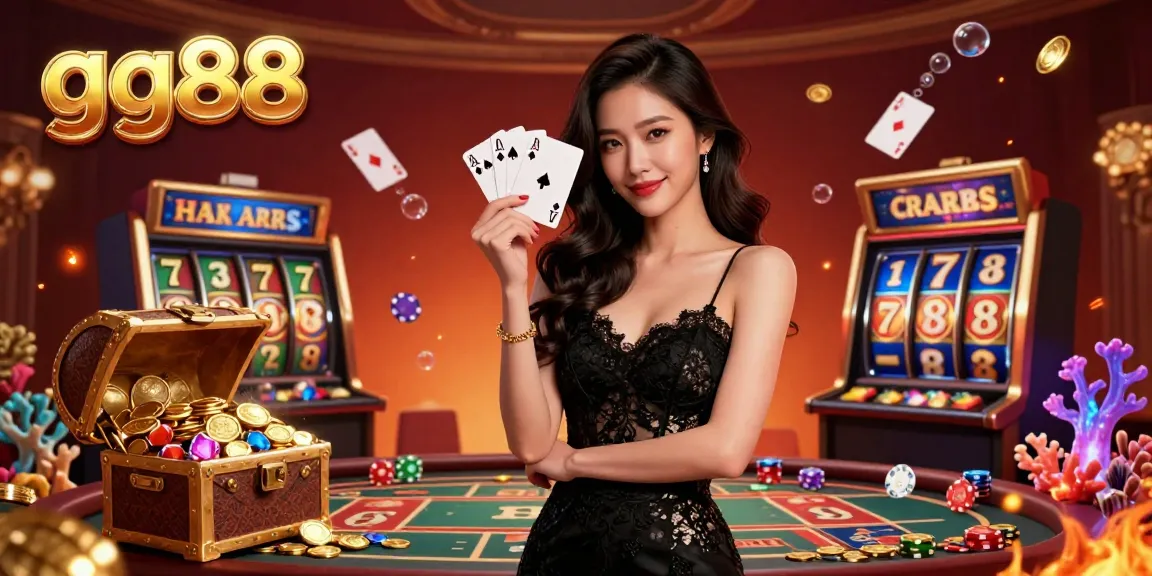 Engage with gg88 casino action featuring a stunning Asian woman holding playing cards amidst a luxurious setting.