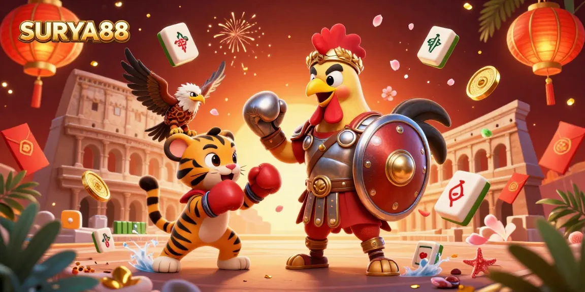 SURYA88 showcases an exciting casino experience with a gladiator rooster, tiger cub, and eagle, all amid vibrant game elements.