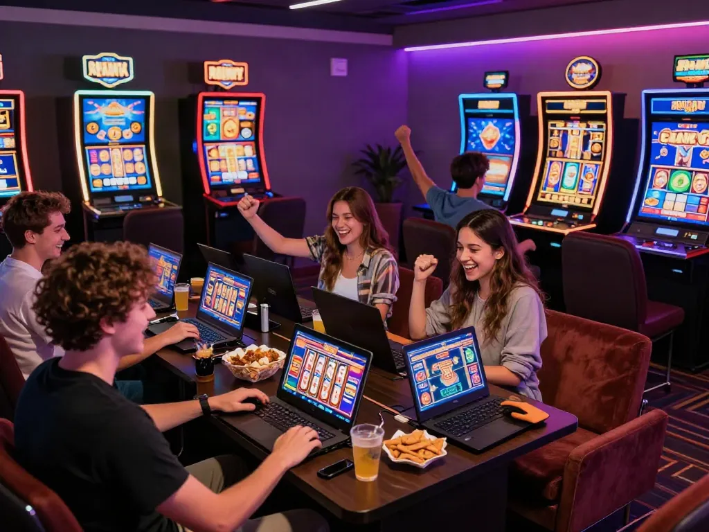 Friends enjoying a thrilling online gaming session with rutanslot on laptops, captured in a vibrant casino-like atmosphere.