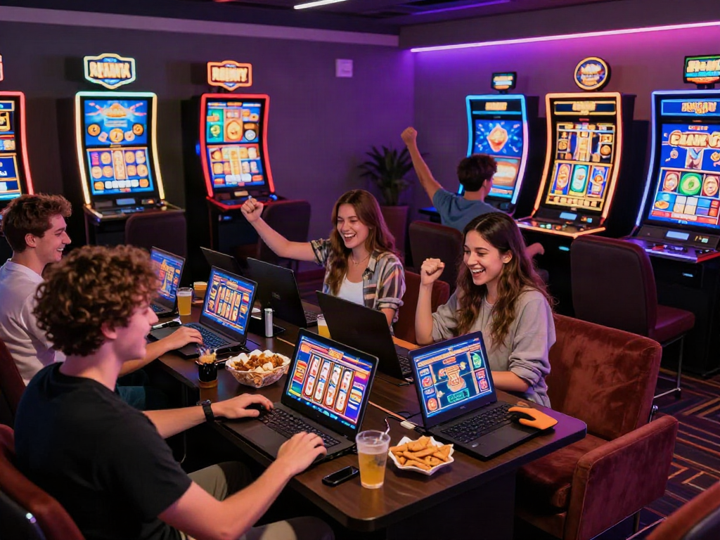 Friends enjoying a thrilling online gaming session with rutanslot on laptops, captured in a vibrant casino-like atmosphere.